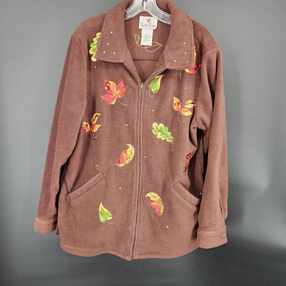 Quacker Factory Jacket Womens Medium Brown Embroidered Fleece Zip Up Fall Leaves - Picture 1 of 10